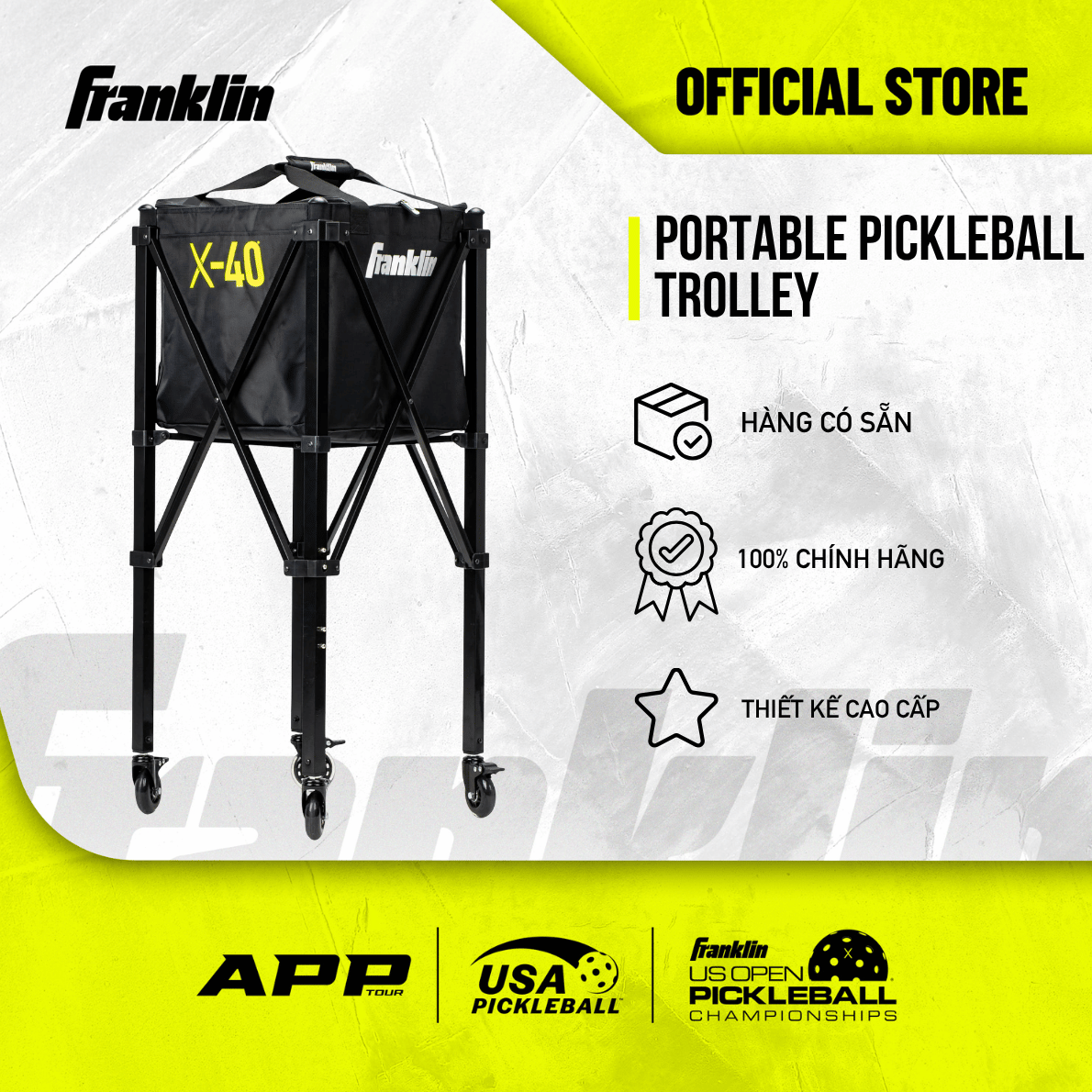Xe Đựng Bóng Pickleball Franklin Portable Pickleball Trolley Chính Hãng – Xe Chứa 100 Bóng Có Bánh Xe