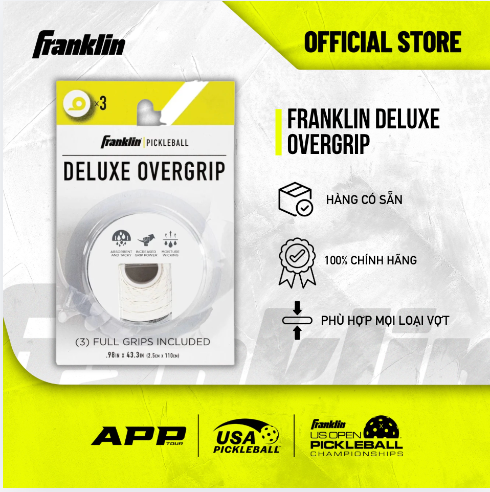 Quấn Cán Vợt Pickleball Franklin Deluxe Overgrip Chính Hãng – Tăng Độ Bám & Thấm Hút Mồ Hôi