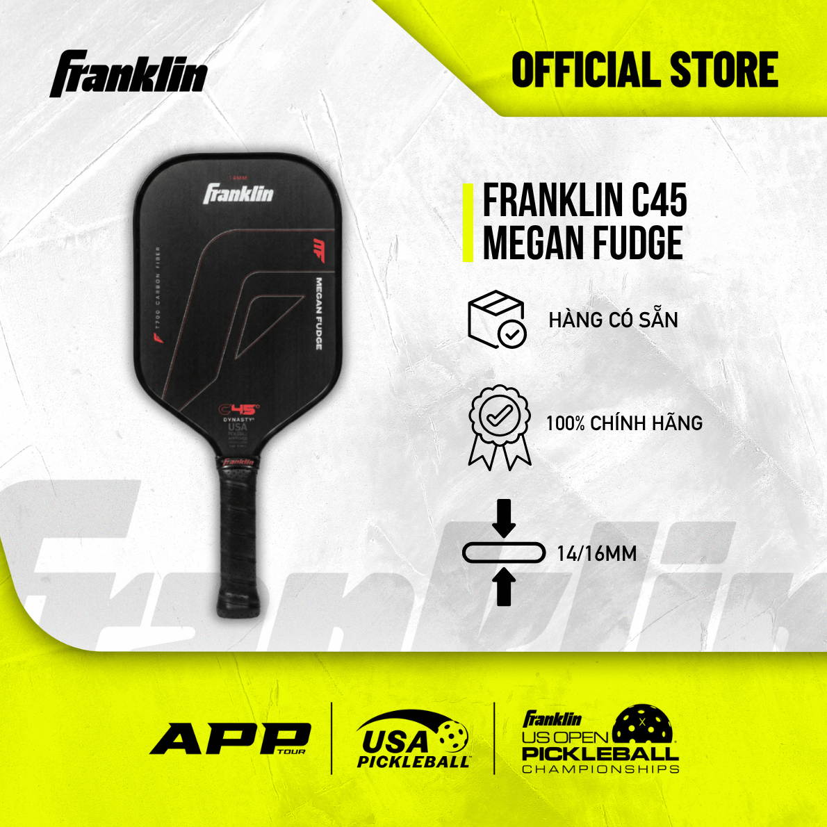 Vợt Pickleball Franklin C45 Megan Fudge Chính Hãng – Carbon Fiber T700 Thi Đấu Chuyên Nghiệp