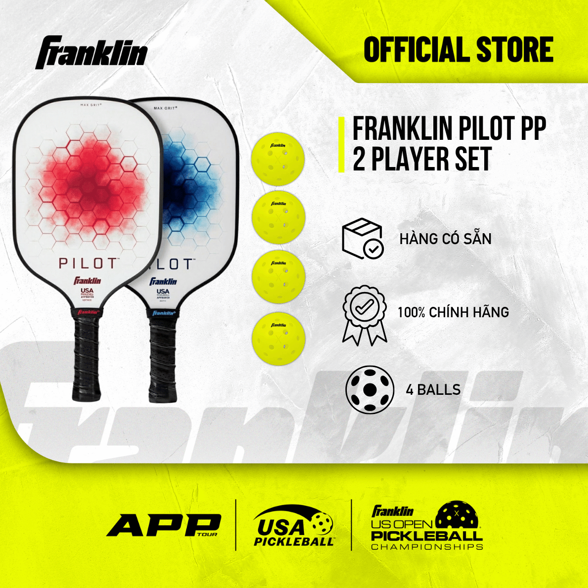 Bộ Vợt Pickleball Franklin Pilot PP 2 Player Set Chính Hãng – 2 Vợt & 4 Bóng X-40
