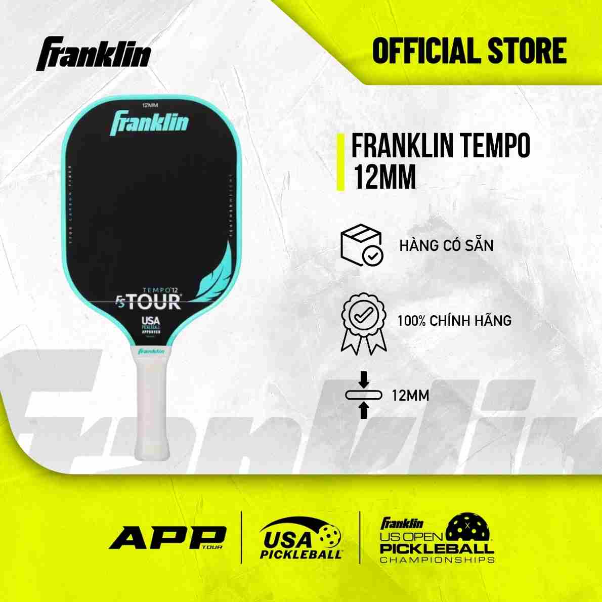 Vợt Pickleball Franklin Tempo FS Tour 12mm Chính Hãng – Carbon Fiber T700 Thi Đấu Chuyên Nghiệp