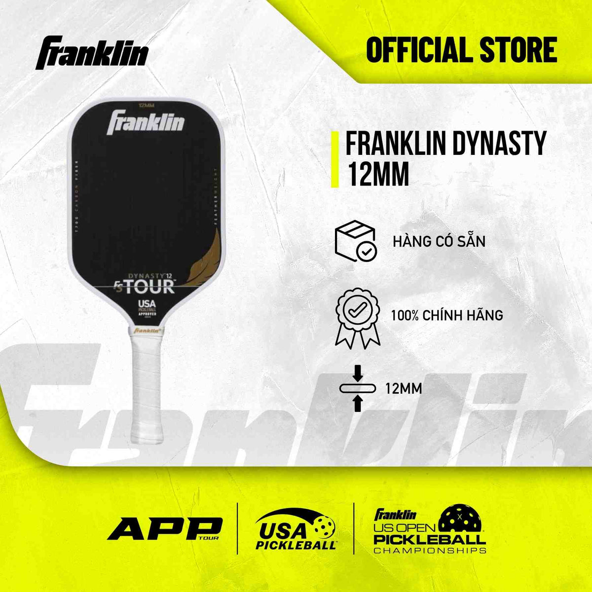 Vợt Pickleball Franklin Dynasty FS Tour 12mm Chính Hãng – Carbon Fiber T700 Thi Đấu Chuyên Nghiệp