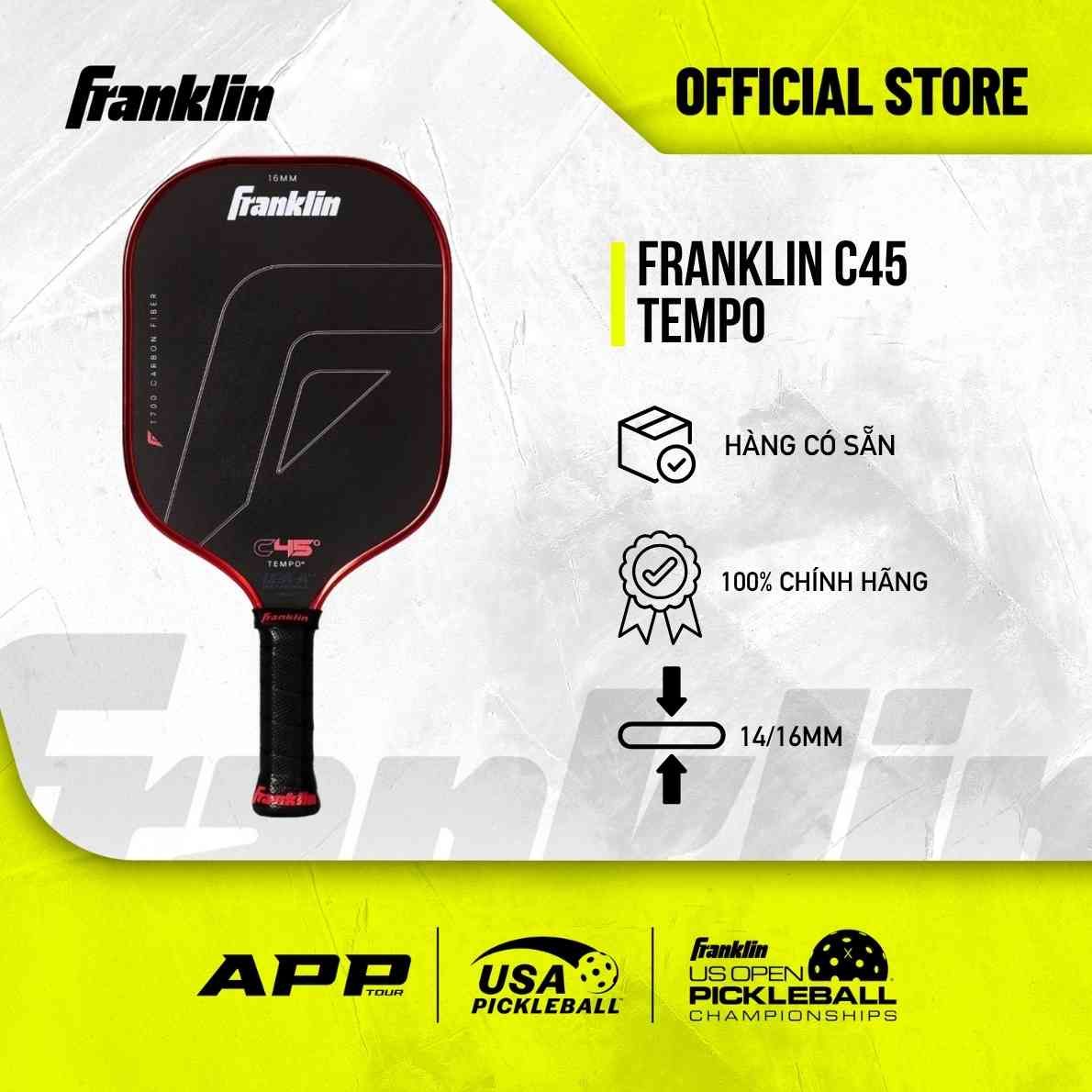 Vợt Pickleball Franklin C45 Tempo Chính Hãng – Carbon Fiber T700 Thi Đấu Chuyên Nghiệp